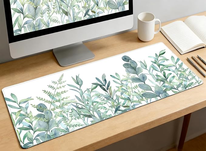 XXL Waterproof Office Desk Pad Protector 35.4x15.7 Inch - Extended Gaming Mouse Pad with Non-Slip Rubber Base, Thickened Keyboard Mat, Stitched Edges & Green Plants Design