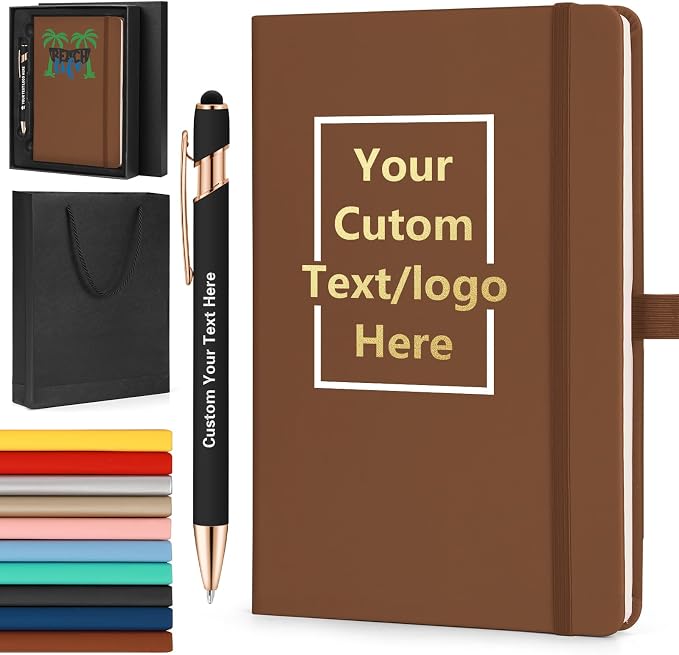 ENOMY Personalized A5 Notebook & Pen Set Custom PU Leather Journal 200 Lined Pages Custom Notebook with Gift Box Journals for Writing College Birthday Business Gift, Brown