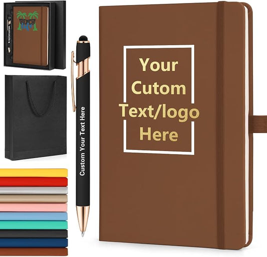 ENOMY Personalized A5 Notebook & Pen Set Custom PU Leather Journal 200 Lined Pages Custom Notebook with Gift Box Journals for Writing College Birthday Business Gift, Brown