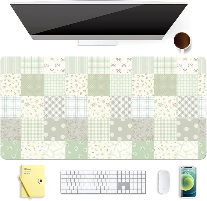 Checkered Plaid Leather Desk Mat Extended Gaming Mouse Pad | Non-slip Large Writing Pad Laptop Blotter Computer Keyboard Mat | Cute Green Desk Protector for Home Office 23.6" x 11.8"