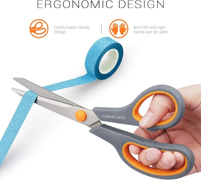 Scissors 8" Multipurpose Titanium Coated Sturdy Sharp, Gray, 1 Pack | Right/Left Handed Comfort-Grip Handles, for Office Home School, Sewing Fabric Craft Supplies