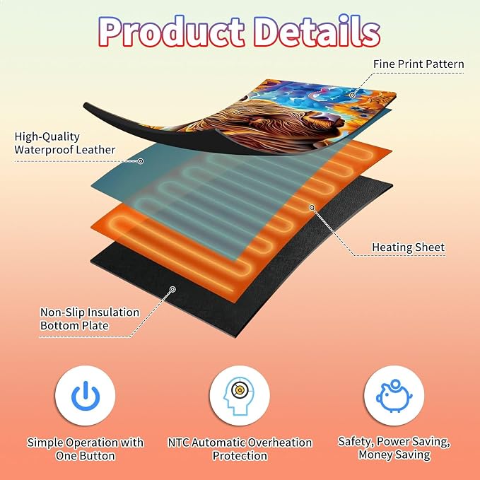 Heated Desk Pad Large Mouse Pad 31.5 x 13 inch with 3 Levels Heating & Auto Shut-Off Warm Mouse pad PU Leather Computer Mousepad for Home Office Work - Sunflower Cow