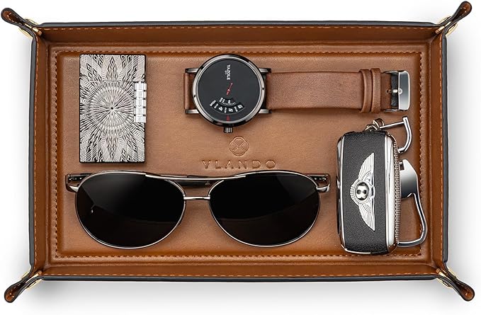 VLANDO Travel Valet Tray for Women, Foldable PU Leather, Light Brown | Travel Catchall Tray, Jewelry Tray and Dresser Organizer for Keys, Wallet, Watch, Glasses, Rings and Small Accessories