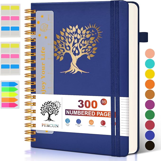 PERCUN B5 Spiral Notebook 300 Numbered Lined Pages Hardcover Journal 7"x10" | College Ruled Spiral Bound Notebook with Tabs, Large Leather Journal for Women Men, Work, School, Travel,Writing,Note Taking