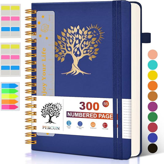 PERCUN B5 Spiral Notebook 300 Numbered Lined Pages Hardcover Journal 7"x10" | College Ruled Spiral Bound Notebook with Tabs, Large Leather Journal for Women Men, Work, School, Travel,Writing,Note Taking