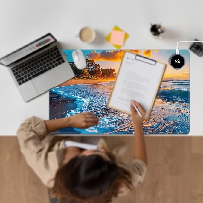 Heated Desk Pad Large Mouse Pad 23.6 x 14.1 inch with 3 Levels Heating & Auto Shut-Off Warm Mouse pad PU Leather Computer Mousepad for Home Office Work - Sunrise Beach