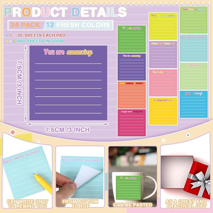 Yinder 24 Pcs Sticky Notes Gifts Bulk,Inspirational,Dark Color