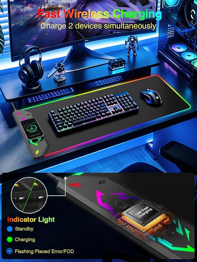 Magnetic Wireless Charging Mouse Pad Gaming, 31.5"x15.8" Large Desk Mat | RGB Mousepad, Smooth Glide, Stitched Edge, Non-Slip Rubber Base, Desk Pad Computer Keyboard Mat, No Adapter