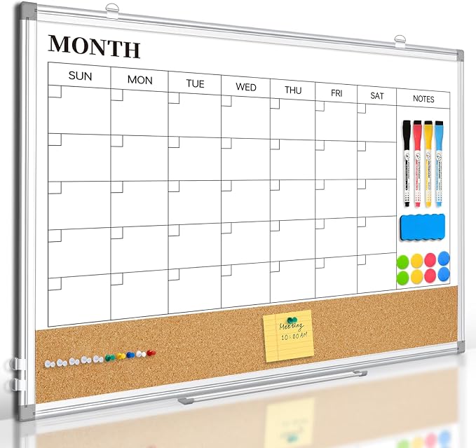 Monthly Dry Erase Calendar Whiteboard with Corkboard, 36" x 24", Silver | Magnetic, White Board Cork Board Combo, Double Sided, Wall Mounted, Aluminum Frame, for Home, Office, Kitchen, Dorm