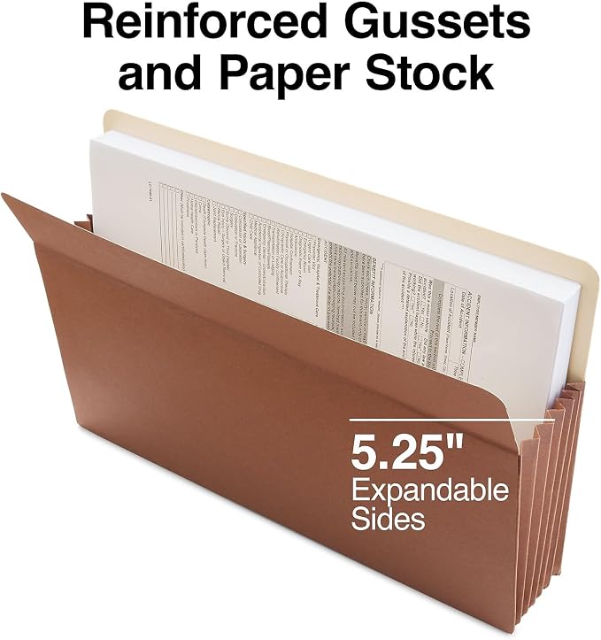 Staples Recycled Reinforced File Pockets, Legal Size, 5.25‑Inch Expansion, Heavy‑Duty Brown Construction – 20/Carton