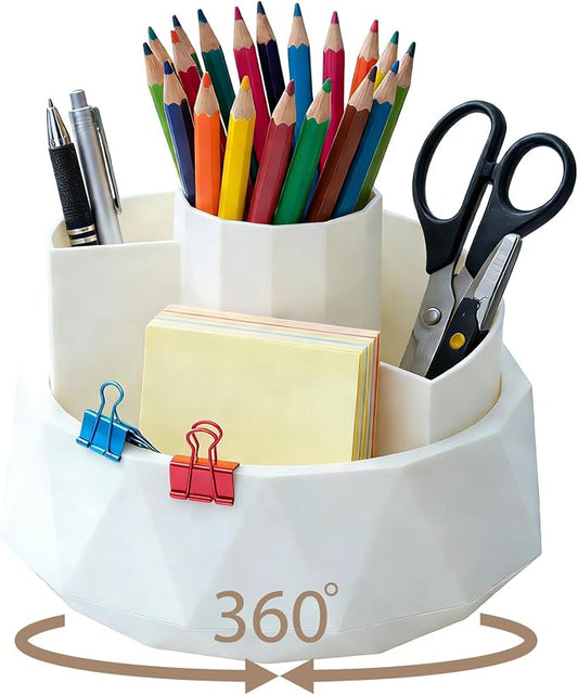 360° Rotating Pen Holder, Large Capacity Pencil Organizer with 4 Compartments for Office and Art Supplies (White)