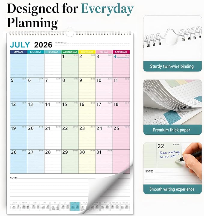 Large Wall Calendar 2026-2027, 18 Month Vertical Wall Calendar Jul 2026 – Dec 2027, 15" x 22" with Thick Paper & Large Blocks for Home Office Colorful