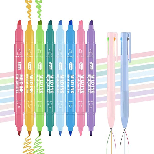 10 Pcs Aesthetic Highlighters and Gel Pens Set - 8 Colors Dual Tip Pastel Highlighters (Chisel & Fine Tips) & 2 Pcs 3-in-1 Multicolor Gel Pens for Journaling, School Supplies, Textbooks