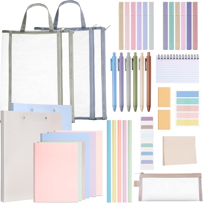 Colarr 54 Pcs Aesthetic College School Supplies Back to School Set,Morandi | 3 A5 + 3 B5 Lined Notebook, 12 Gel Pen, 12 Pencil, 12 Highlighter, Sticky Tabs, Folder Storage Bag, Journal Stationery Set