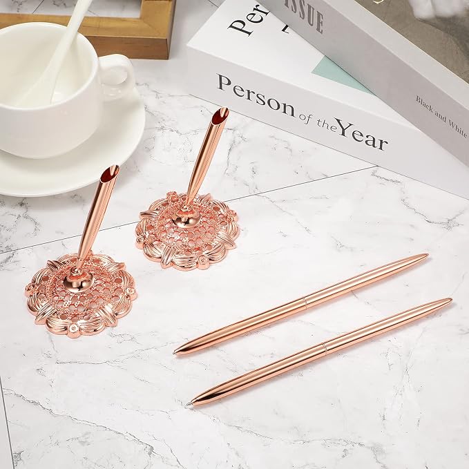 Outus 2 Pieces Wedding Pens for Guest Book Pen with Metal Hollow Round Holder Stand Set for Wedding Bridal Engagement Reception Supplies(Rose Gold)