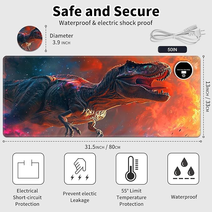 Warm Desk Pad,Heated Desk Pad,Office Mat,3 Heating Levels & 3 Hours Auto Shut-Off,31.5"*13" Gaming Mouse Laptop Keyboard Leather Desk Mat,Dinosaur Glitter Sunset