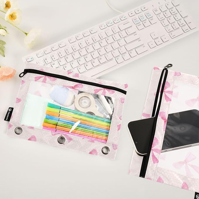 Pink Bow Pencil Pouch Fits Standard 3-Ring Binders, Zipper Binder Pencil Bag with Clear Window for Office 2 Pack