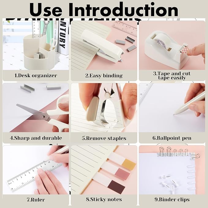 Marspark Beige Desk Accessories Office Supplies Set, 12 Pcs | 360° Rotating Pen Holder, Stapler, Tape Dispenser, Scissor, Sticky Notes, Binder Clips, Desk Organizers Gift for School