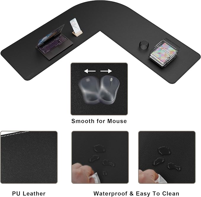 Mydours 57" x 57" x 20" L Shape Desk Pad Large Corner Mouse Pad (Black) | Extra Large Dual-Sided PU Leather Desks Pad L-Corner Waterproof Gaming Desk Mat Protector For Home Office Computer Gaming