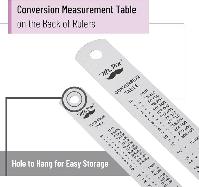 Mr. Pen- Metal Straight Edge Ruler, 2 Pack, 6" and 12", Silver | Stainless Steel Ruler Set, Imperial & Metric Measurements for Drawing, Home, Office, Engineering