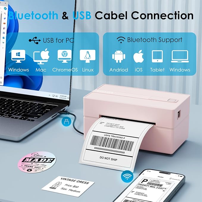 KNAON Bluetooth Thermal Shipping Label Printer, 4x6 Portable Thermal Address Label Printer for Small Business, Compatible with iPhone,Android,Windows,Mac,–Works with Etsy Shopify USPS&More, Pink