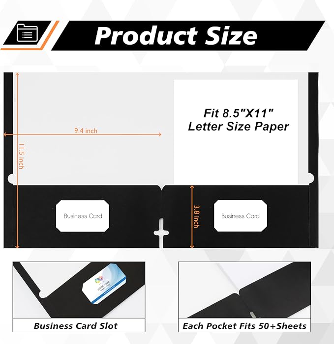 50 Packs Two Pocket Folders,Two Pocket File Folders with Business Card Slot,Black,Letter Size,Paper Folders with Pockets for School Office Home Business