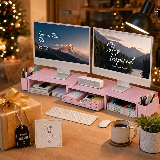 OPNICE Desk Organizers and Accessories, Dual Monitor Stand Riser with Drawer and 2 Pen Holders, Desk Shelf Metal Computer Racks for Office Workspace Organizers, Desktop Organization (Pink Metal)