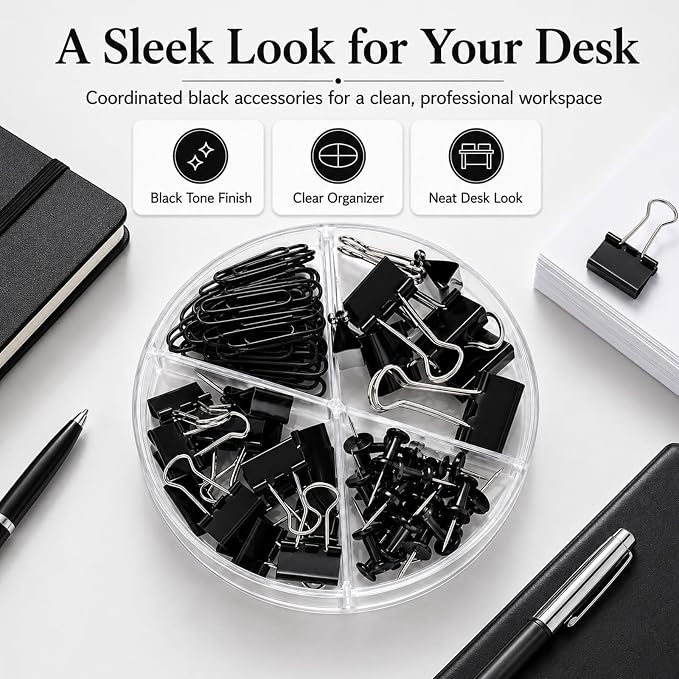 Paper Clips and Binder Clips Set, Metal Assorted Sized Binders with Push Pins, Black Office Supplies for Desk, Durable Desk Accessories