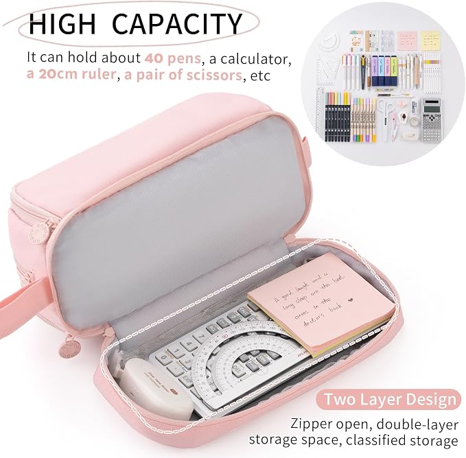 CICIMELON Large Capacity Pen Pencil Case with 4 Compartments, Multi-Slot Pencil Pouch Bag Aesthetic School Supplies Organizer for Teen Girls, Women, Adults (Pink)