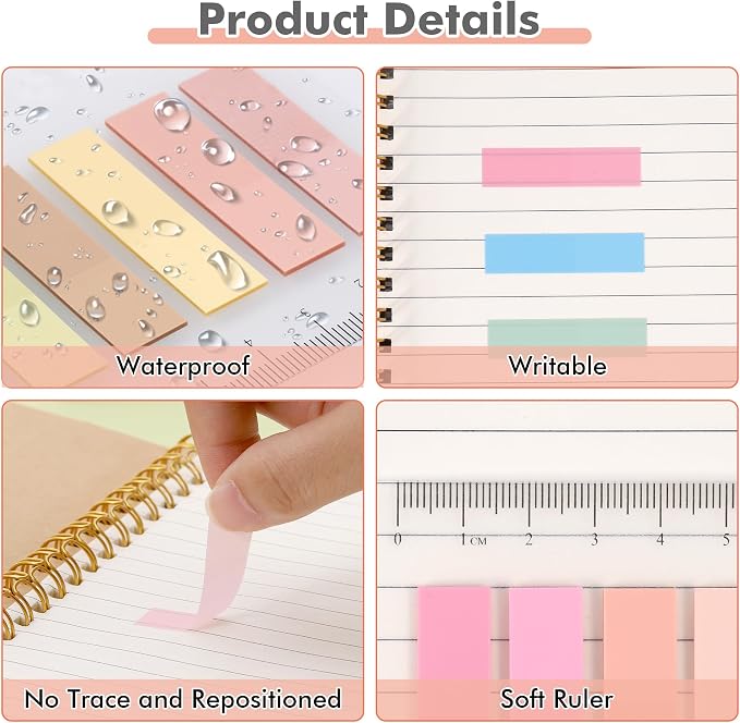 JIANTA 2000Pcs Book Tabs for Annotating, Writable Sticky Tabs | Transparent Page Markers with Ruler, Repositionable Index Tabs for Binders, Notebooks, Study Notes and Multi Color Book Flags
