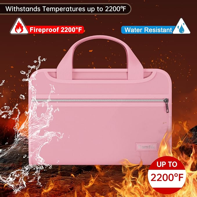 Tamfile Fireproof Accordion File Organizer with Handle, 13 Pocket Expanding File Folder with Zipper & Labels, File Folder with Multi-Pockets Paper Organizer Folder for Letter A4 Files, Pink
