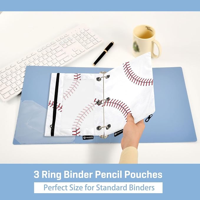 Baseball Pencil Pouches for 3 Ring Binder 2 Pack | Binder Pencil Case With Zipper Reinforced GrommetsPencil Bags for Office Organizers