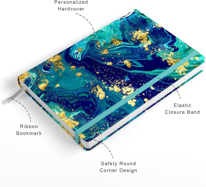 Lined Journal Notebook, Hardcover, Medium 5.7 x 8.4 in, 160 Pages Thick Paper, Cute Aesthetic A5 College Ruled Notebook for Journaling Writing Work Office School Women Men, Blue Gold Marble
