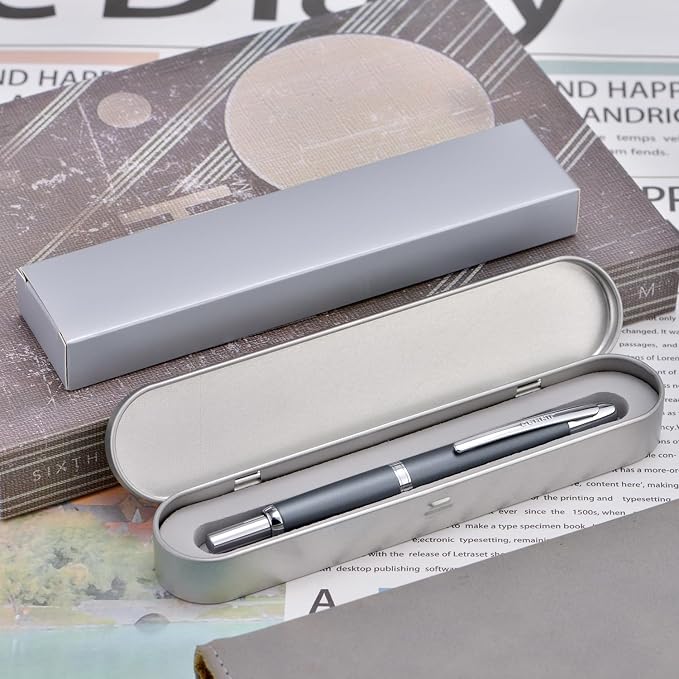 Jinhao 10 Press Fountain Pen with Box, Metal Gray Retractable Medium Nib with Ink Converter Set (Silver Clip)