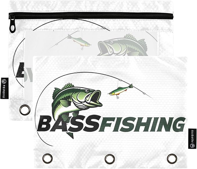 Gredecor Binder Pencil Pouch 3 Ring Largemouth Bass Fishing Zipper Pencil Pouches Case 2 Pack Clear Binder Organizer for School Office