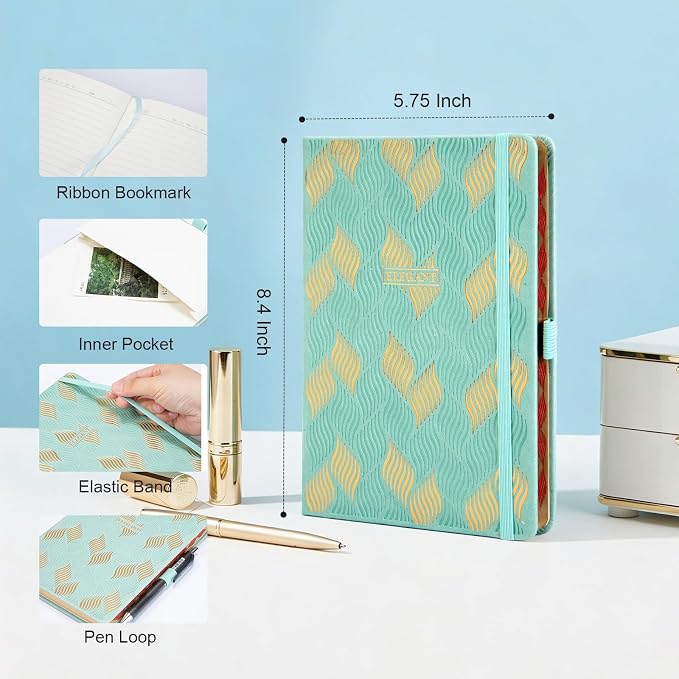 Comix Aesthetic Lined Journal for Women, 192 Pages, 100GSM Paper, Pretty Leather Journal Notebook for Writing, A5 Cute Hardcover Notebook for Work Home School, 5.5" x 8.3", Mint Green, Leaf Motif