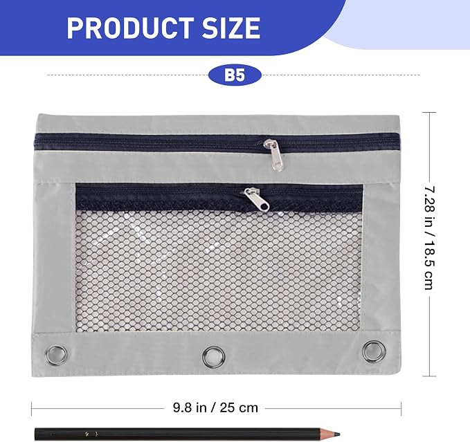 Pencil Pouch for 3 Ring Binder - 3 Hole Zipper Pen Case Bag Holder Bulk Accessories Clear Window Aesthetic Organizer Pockets