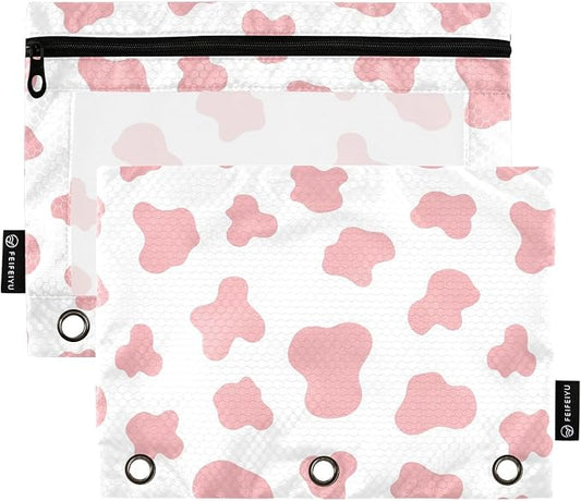 Gredecor Binder Pencil Pouch 3 Ring Abstract Pink Cow Zipper Pencil Pouches Case 2 Pack Clear Binder Organizer for School Office