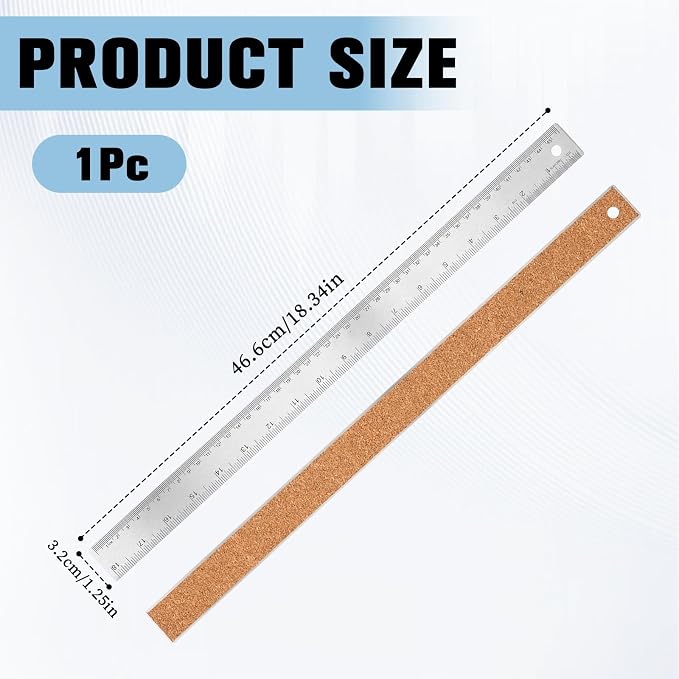 Metal Ruler 18 Inch - Stainless Steel Metal Ruler with Cork Backing Non-Slip Rulers with Inch and Centimeters Prevent Ink Leakage for School Office Drawing Engineering Tools