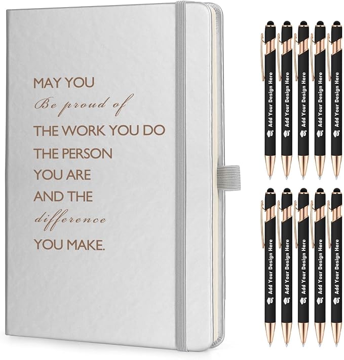 ENOMY Custom A5 Notebook Set with 10 Personalized Pens PU Leather Journal Gift, Silver