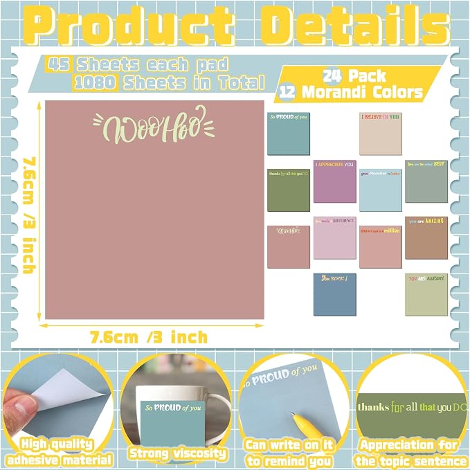 Yinder 24 Pcs Inspirational Sticky Notes, Back to School Supplies, Cute Motivational Sticky Notes Pad Employee Appreciation Gifts Bulk for Teacher Coworker Office 3 x 3'' (Thank You,Morandi Color)
