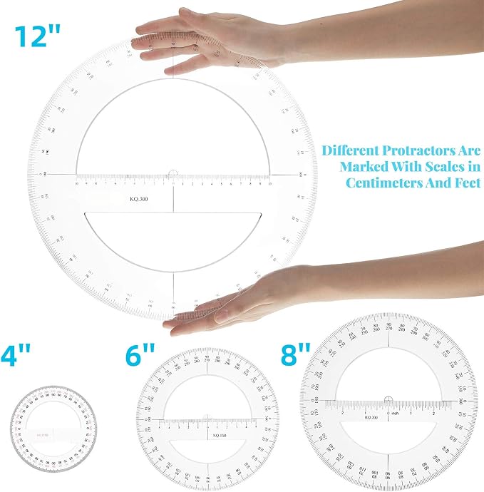 4 Pcs Multi-size 360 Degree Protractor 4/6/8/12 Inch Plastic Math Circle Protractors Ruler Clear Mathematical Geometry Tool for Drawing and Drafting Angle Measurement, Student School Office Supplies