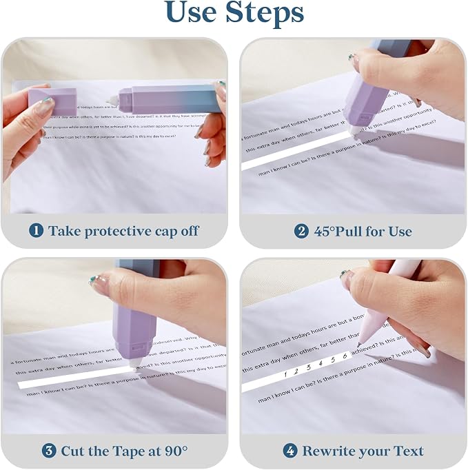Temiary 5 Pcs White Correction Tapes, Aesthetic White Smooth Pull Out Tape Pens for Instant Corrections, Easy to Use Tear-Resistant Pen Shaped Applicator for Office School Supplies (Gradient Purple)
