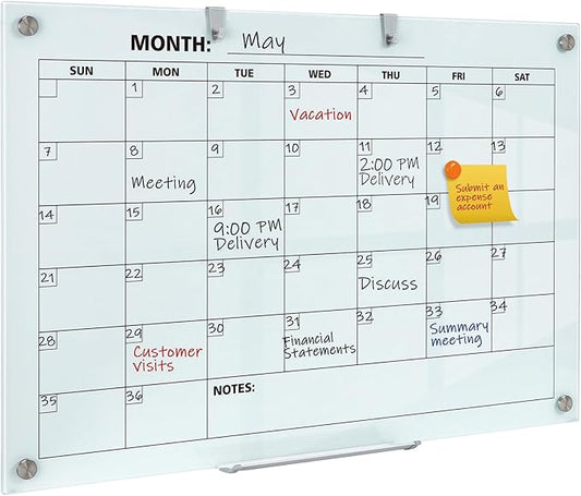 Glass Dry Erase Calendar for Wall, 36 x 24 Inches Magnetic Glass Calendar Whiteboard, 3' x 2' Frameless Monthly Planner Board for Office, Home, School