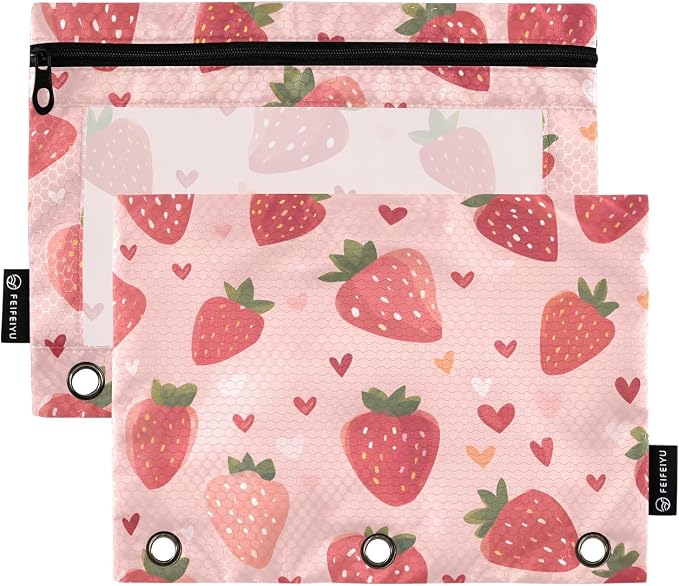 Strawberry Heart Pencil Pouch for 3 Ring Binder 2 Pack Zipper Binder Pencil Bag with Clear Window Pencil Case for Office Supplies