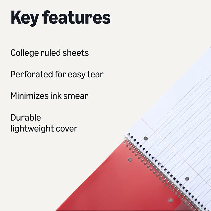Amazon Basics 1 Subject College Ruled Spiral Notebook, Poly Cover,100 Sheets, 9" x 11", Assorted Primary Colors, 3 pack