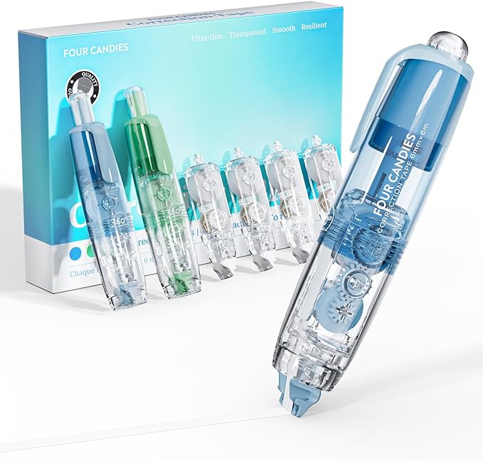 Four Candies 2-Pack White Correction Tape, 118.1 ft, 6mm Width (Blue Green) | with 4 Refill Tapes, Refillable, Tear-Resistant, Smooth, Quick Dry, Cute Pen Shaped, for School Teen & Adults