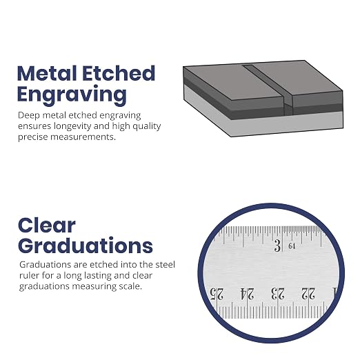 Stainless Steel 12 Inch Metal Ruler Non-Slip Rubber Back, with Inch and Metric Graduations