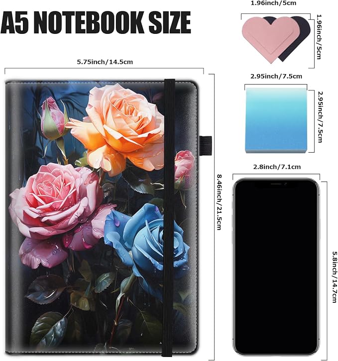 Hardcover Executive Notebooks, A5 PU Leather Lined Journal Notebook, 200 Pages Thick Paper Subject Notebooks for School,Work,Home Writing Business Notebook, Diary Book ， Colorful Flowers