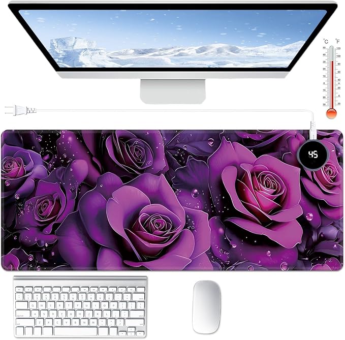 Heated Desk Pad Large Mouse Pad 31.5 x 13 inch with 3 Levels Heating & Auto Shut-Off Warm Mouse pad PU Leather Computer Mousepad for Home Office Work - Purple Rose Flowers